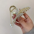 Elegante pinza per capelli a fiore dorata con perle, strass e lunghe nappe - Stile Spiga di Grano Mughetto (D-4085-2)