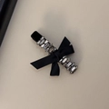 Elegant black velvet hair clip with rectangular rhinestones and a sweet satin bow - Center Bow (D-4955-1)