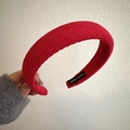 Detail of red corduroy padded headband with a hand made woven label on the inner side - Striped Headband (D-4960) / Red Striped