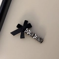 Elegant black velvet bow hair clip with gray square step-cut crystal rhinestones - Tail Bow (D-4955-2)