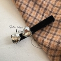 Elegant black velvet hair clip with two heart-shaped crystals in a stylish design - Black (D-4982-2)