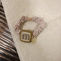 Elegant beige scrunchie with crystal M-letter square accent and golden metal tag charm - Nude Pink (D-5009-3)