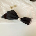 Elegante pinza para el pelo con lazo negro, perla blanca y textura de malla suave - Estilo Malla Perla Negra