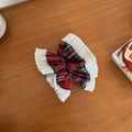 Detail of red plaid scrunchie with white lace trim on a cozy wooden background - Red Green Plaid (D-5026-1 Red)