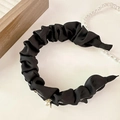 Elegant black pleated satin headband with pearl drop charm in a French style fashion - Black