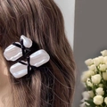 Elegantes Set aus Perlen-Haarspangen mit schwarzen Samtschleifen im braunen Haar - Schwarze Schleife Perlenblock (D-5131-3)