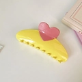 Extra large yellow hair claw clip with pink heart decoration and glossy finish - Yellow With Pink Heart (D-4269-7)