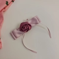 Elegant pink satin bow hair clip with rose flower ornament on a clean white surface - Ribbon Bow Duckbill Clip (D-5218-1)