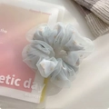 Elastico scrunchie in tulle azzurro traslucido con delicati fiori arancioni - Large Blue (A-3118-2)