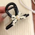 Elegante pinza per capelli nera con fiocco crema e perla per acconciature da donna - Albicocca