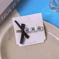 Elegant gold hair clip with three large square rhinestones and a black fabric bow - Square Row Rhinestone Style (B-2680-1)
