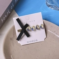 Elegant hair clip with a black ribbon bow and four iridescent heart rhinestones - Heart Row Rhinestone Style (B-2680-2)