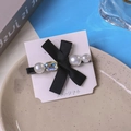 Elegant black ribbon bow hair clip with pearls and square rhinestone on a card - Pearl And Rhinestone Style (B-2680-3)