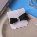 Elegant black ribbon bow hair clip with iridescent rectangular crystal and pearl accent - Single Square Rhinestone Style (B-2680-4)