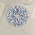 Detail of blue striped scrunchie with lace edge, silver bow charm and white ribbons - Bowknot Long Ribbon Style (D-5311-2)