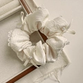 French cream lace scrunchie with floral embroidery, pearls and delicate ribbon bows - Cream White (D-5330-1)