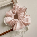 Detailed view of pink jacquard silk scrunchie with white lace edges and pearl bow - Pink (D-5330-4)
