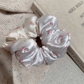 French floral satin scrunchie with pink rose patterns on creamy white silk fabric - White Pink (D-5640-3)