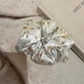 Floral French style satin hair scrunchie with orange flower pattern on knit sweater - Beige (D-5640-4)