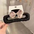 Elegant black hair claw clip with champagne silk bow on rectangular frame - Black Champagne