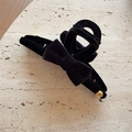 Detailed close-up of large black velvet bow hair claw clip with golden metal accents - Large Black (D-5674-2)