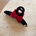 Elegant red velvet bow hair claw clip with black velvet base and gold metal details - Large Red (D-5674-1)