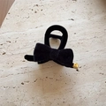 Elegant black velvet bow hair claw clip with golden bead detail for women - Small Black (D-5674-4)