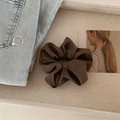 Silk satin scrunchie in coffee brown with pearl ring and denim texture display - Brown