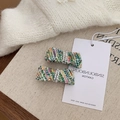 French style colorful tweed bow hair clips with pearls for women and girls - Green