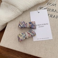 French style tweed hair clips with bow design and white pearls in a 2-piece set - Blue