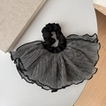 Chouchou oversize à motif pied-de-poule et bords volantés pour queue de cheval élégante - Corde À Cheveux Noir Blanc (D-5744-2)