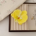 Elegante molletta orchidea gialla con perla finta su un vassoio per gioielli beige - Giallo