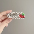 Handmade cherry pearl hair clip with white beads and red fruit on a metal base - Cherry Pearl Style (D-5801-1)