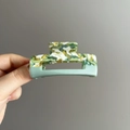 Pince à cheveux bicolore en acétate avec marbrure verte et design carré évidé - Style Marbre Bloc de Couleur Vert Jaune (D-5890-2)