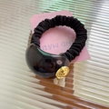 Minimalist black pleated hair tie with large glossy resin ornament and gold buckle detail - Black