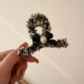 Elegante pinza per capelli in tweed con fiocco e perla per acconciature femminili - Molla per Capelli con Fiocco Nero (D-5580-2)