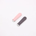Detailed view of pink and brown pebble leather DIY zipper pulls with silver D-rings - Pink Long Silver Buckle