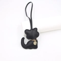 Ciondolo per borsa a forma di gatto in pelle nera con pendente dorato Lucky e laccio - Laccetto Gatto / Nero