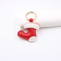 Litchi pattern leather Christmas boot keychain with red white stitching and gold ring - Christmas Boot Charm
