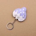 Detail view of purple faux leather strawberry keychain with white polka dots and silver ring - Taro Purple
