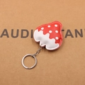 Detailed view of handmade leather strawberry keychain with white dots and metal ring - Strawberry Shape / Red
