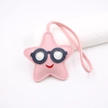 Detailed view of pink leather star charm with cute sunglasses and smile on white background - Cyan Blue