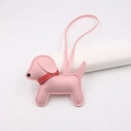 Detailed view of handmade pink leather puppy bag charm with red collar and long lanyard - Pink - Red Collar