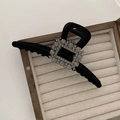 Detail of black velvet hair claw clip with large square rhinestone buckle decoration - Black Square Buckle Hair Claw (D-4645-1)