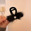 Detail of a black plush hair claw clip featuring a square sparkling rhinestone accent - Black (D-4777-1)