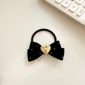 Elegant black velvet bow hair scrunchie with a gold heart metal center and silver rivets - Black Bowknot Hair Tie