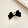 Elegant black velvet bow hair clip with gold handmade heart charm and silver rivets - Black Bow Hair Clip