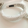 White vintage velvet wide headband with lace texture, pearls and handmade label - Beige