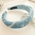 Retro light blue velvet padded headband with white floral embroidery and pearl accents - Blue