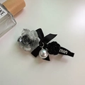 Vintage camellia hair claw clip with grey resin flower, black bow and pearl pendant - Hair Clip